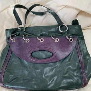 Italian Green Purple Leather Bag with lots of pockets Large